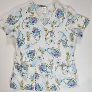 Disney Scrub Top Womens Small White Tinkerbell‎ Graphic Print Medical Workwear